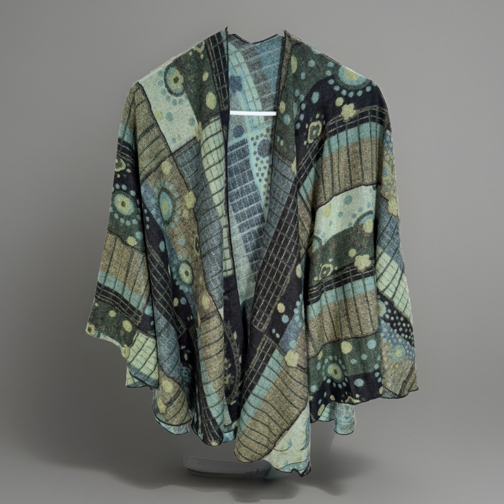 100% Cashmere Wrap Womens Green Black Artsy Art to Wear Shawl Soft!
